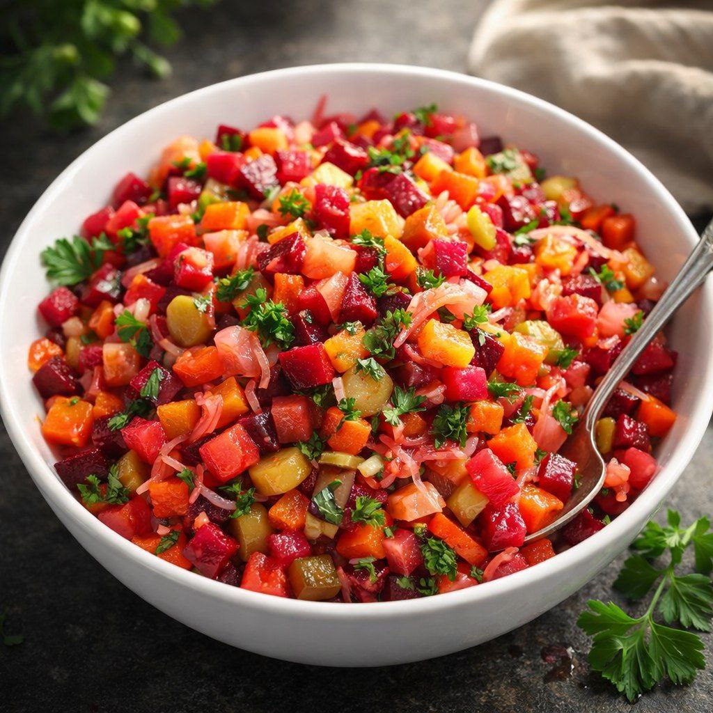 Свежий винегрет с квашеной капустой и ру