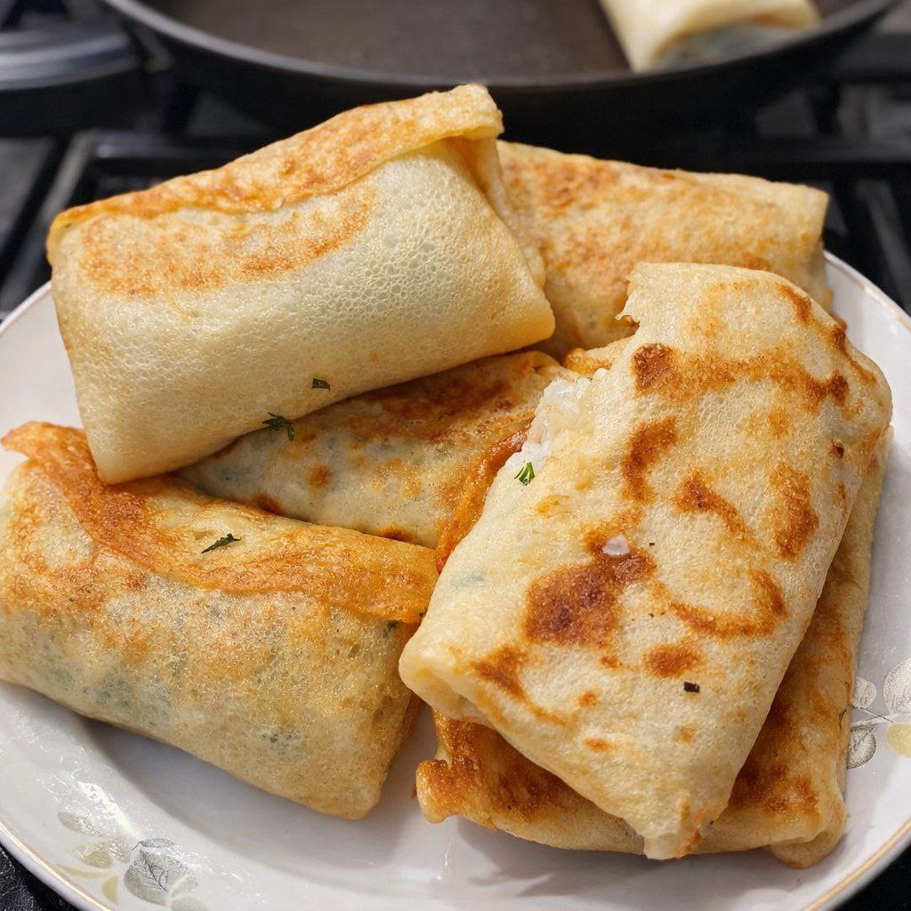 Блины с начинкой из риса и яиц